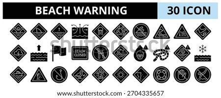 30 Beach Warning Glyph Icons Vector - Strong Current, Shark Alert, Slippery Rock,  No Swimming, Wave Danger, Storm Warning, Jellyfish Warning