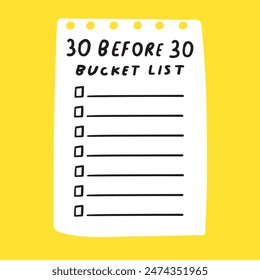 30 before 30. Funny bucket list. Vector hand drawn illustration on yellow background.