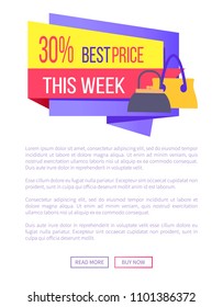 30% best price this week advertisement sticker modern purses on web poster with push buttons and place for text, vector illustration accessories sale