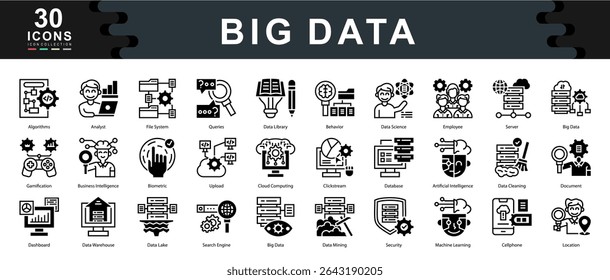 30 iconos negros de big data que ilustran los procesos de análisis, IA, almacenamiento y flujo de datos. Perfecto para tecnología, aprendizaje automático, sistemas en la nube y entornos empresariales basados en datos.