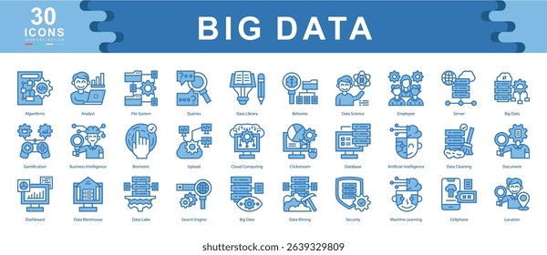 30 big data blue icons illustrating analytics, AI, storage, and data flow processes. Perfect for tech, machine learning, cloud systems, and data-driven business environments.