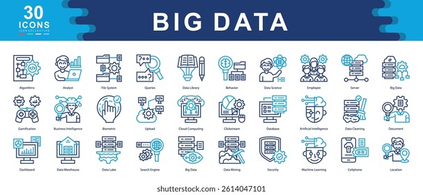 30 big data color icons illustrating analytics, AI, storage, and data flow processes. Perfect for tech, machine learning, cloud systems, and data-driven business environments.