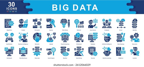 30 big data icons illustrating analytics, AI, storage, and data flow processes. Perfect for tech, machine learning, cloud systems, and data-driven business environments.
