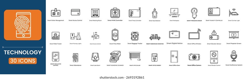 30 Segurança biométrica e conjunto de ícones de linha de acesso inteligente. Coleção de tecnologia, finanças e símbolos de dispositivos futuristas.