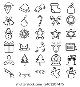 30 Black Outline Christmas Icons - Santa Claus, Hat, Gloves, Boot, Bag, Gift Box, Sleigh, Reindeer, Bells, Trees, Snow, Stars, Angels and other decorations.