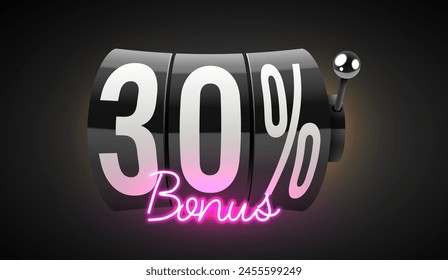 30% Bonus. Schwarzer Spielautomat gewinnt den Jackpot. 777. Großes Gewinnkonzept. Casino-Jackpot. Vektorillustration