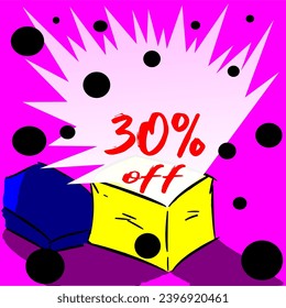 30% box releasing discount for sale, illustration, yellow, blue, purple, white, red and black