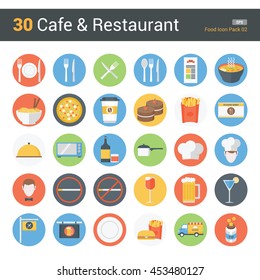 30 Cafe & Restaurant, food icon design with various item such as pizza, fork, waiter, noodles, cocktails, and others, that can be use in article, magazine, or for graphic element.