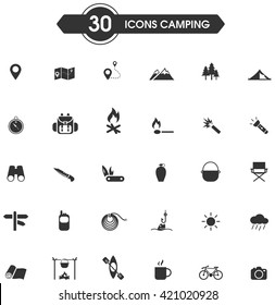 30 camping and outdoor nature leisure activity silhouette sign and symbol icon set. Vector 
