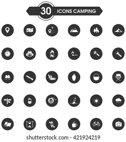 30 camping and outdoor nature leisure activity silhouette sign and symbol circle icon set, create by vector 
