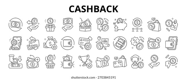 30 Cashback Line Icons Vektor - Geld zurück, Brieftasche Nachfüllung, Cash Return, Sparen Boost, Discount Cash, Cash Voucher, Promo Cashback