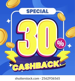 30% Cashback Promotion Design with Bold Typography and Floating Coins on Blue Background