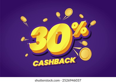 30% cashback promotional banner featuring bold yellow text with shining effects, surrounded by floating gold coins on a vibrant purple background. Perfect for sales campaigns.