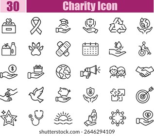 30 Charity of web icons set in line style. Help, caring, solidarity, alms, donate, volunteer, care, charity and more collection editable stroke