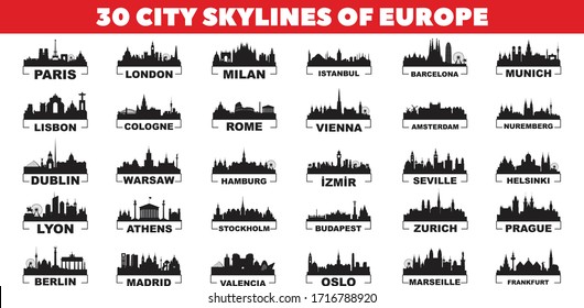 30 city skyline silhouettes from Europe vector design set.