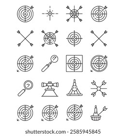 30 Clean Minimalistic Linear Target and Aim Icons – Bullseye, Crosshair, Archery, Arrows, Precision, Sniper Scope, Dartboard and Compass – Vector Stroke Icons