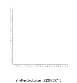 30 cm corner ruler template. Measuring tool with vertical and horizontal scales with centimeters and millimeters markup and numbers. Vector outline illustration isolated on white background