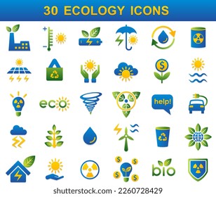 30 color icons. Ecology, environmental protection and weather vector icon set