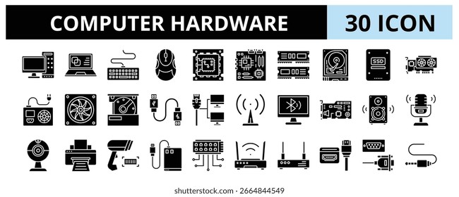 30 Vetor de ícones de glifos de hardware de computador - monitor de desktop, teclado, mouse, RAM, USB, impressora, Wi-Fi, alto-falante