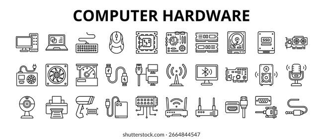30 Vector de iconos de línea de hardware de computadora: monitor de escritorio, teclado, mouse, RAM, USB, impresora, Wi Fi, altavoz