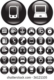 30 computer & media glossy black buttons .vector