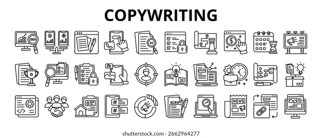 30 Copywriting Line Icons Vector - SEO, AB Testing, Writing, Content Management, Script, Webpage