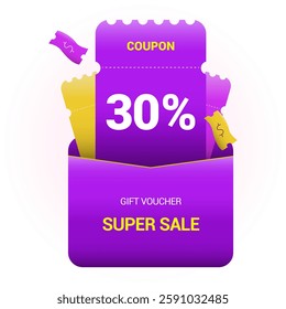 30% coupon promotion sale. Thirty percent off super sale design. Envelope with paper vouchers and gift voucher. Vector illustration. Purple and yellow style.