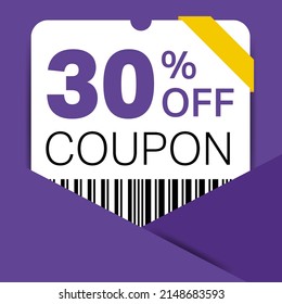 30% Coupon promotion sale for a website, internet ads, social media gift 30% off discount voucher. Big sale and super sale coupon discount. Price Tag Mega Coupon discount with vector illustration.