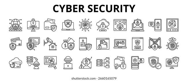 30 Cyber Security Line Icons Vetor - Firewall, Senha, Pagamento Seguro, Hacker, Phishing, Servidor, Antivírus