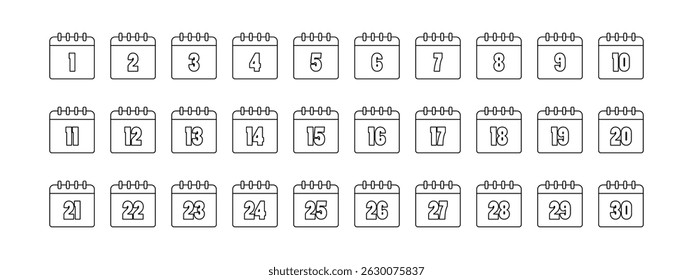 30 day calendar icon for month tracking with line style. Perfect for digital planners, scheduling apps, websites and educational materials that require date visuals.