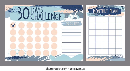 30 day challenge monthly planner with blue brush strokes 