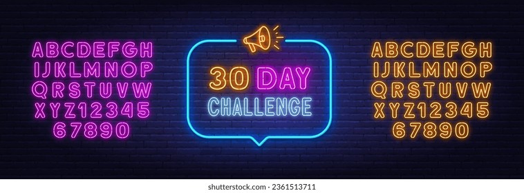 30-tägige Challenge Neon-Zeichen in der Rede Blase auf Backsteinwand Hintergrund.