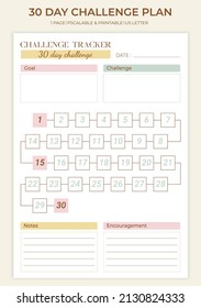 30 day challenge plan template   Minimalist printable monthly habit challenge journal. Vector vertical template.