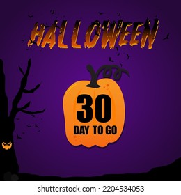 30 day to go halloween day, vector art illustration with fantastic font and nice violet purple color background. with cute pumpkin and eye on tree