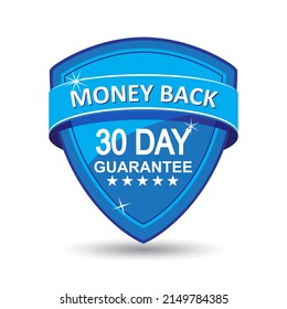 30 day guarantee. 100% money back guarantee label. Vector illustration. Blue Guarantee badge.