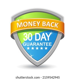 30 Day Guarantee. 100% Money Back Guarantee Label. Vector Illustration. Blue And Green Guarantee Badge.