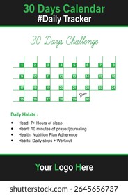 30 Day Habit Goal Calendar Template Vector Planner with Text Fields