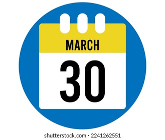 30 day March calendar vector. Calendar page icon for March days. Blue circle with yellow calendar