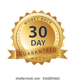 30 Day money back guarantee heavy metallic badge on white background