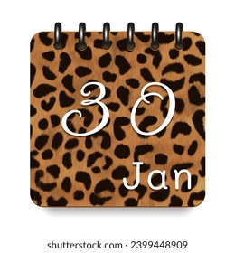 30 días del mes. Enero. Icono diario del calendario de impresión de leopardo. Letras blancas. Fecha día semana domingo, lunes, martes, miércoles, jueves, viernes, sábado.  Fondo blanco. Ilustración vectorial.