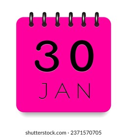 30 day of the month. January. Pink calendar daily icon. Black letters. Date day week Sunday, Monday, Tuesday, Wednesday, Thursday, Friday, Saturday. Cut paper. White background. Vector illustration.