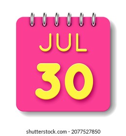 30 day of the month. 30 Jule. Cute calendar daily icon. Date day week Sunday, Monday, Tuesday, Wednesday, Thursday, Friday, Saturday.