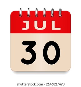 30 day of the month. July. Flip old formal calendar. 3d daily icon. Date. Week Sunday, Monday, Tuesday, Wednesday, Thursday, Friday, Saturday. Cut paper. White background. Vector illustration.