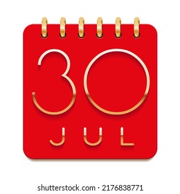 30 day of the month. July. Luxury calendar daily icon. Date day week Sunday, Monday, Tuesday, Wednesday, Thursday, Friday, Saturday. Gold text. Red paper. Vector illustration.