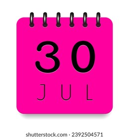30 day of the month. July. Pink calendar daily icon. Black letters. Date day week Sunday, Monday, Tuesday, Wednesday, Thursday, Friday, Saturday. Cut paper. White background. Vector illustration.