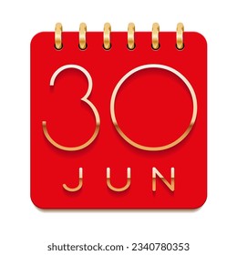 30 day of the month. June. Luxury calendar daily icon. Date day week Sunday, Monday, Tuesday, Wednesday, Thursday, Friday, Saturday. Gold text. Red paper. Vector illustration