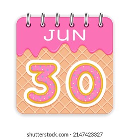 30 días del mes. Junio. Calendario de cono de gofre con helado derretido. Icono de 3d diario. Fecha. Semana Domingo, Lunes, Martes, Miércoles, Jueves, Viernes, Sábado. Fondo blanco. Ilustración vectorial.