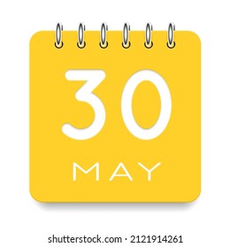 30 días del mes. Mayo. Icono de calendario amarillo lindo diario. Fecha día semana domingo, lunes, martes, miércoles, jueves, viernes, sábado. Corta papel. Fondo blanco. Ilustración vectorial.