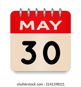 30 day of the month. May. Flip old formal calendar. 3d daily icon. Date. Week Sunday, Monday, Tuesday, Wednesday, Thursday, Friday, Saturday. Cut paper. White background. Vector illustration. 