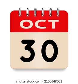 30 day of the month. October. Flip old formal calendar. 3d daily icon. Date. Week Sunday, Monday, Tuesday, Wednesday, Thursday, Friday, Saturday. Cut paper. White background. Vector illustration.